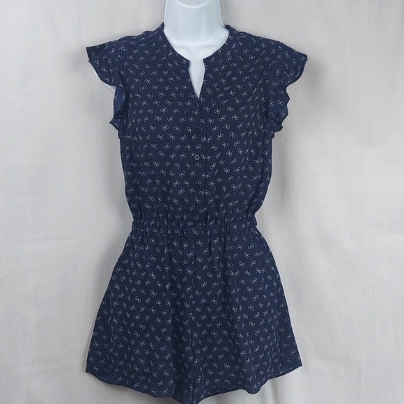 Maison Jules flutter sleeve romper pockets - blue with bows - size S - Picture 1 of 10
